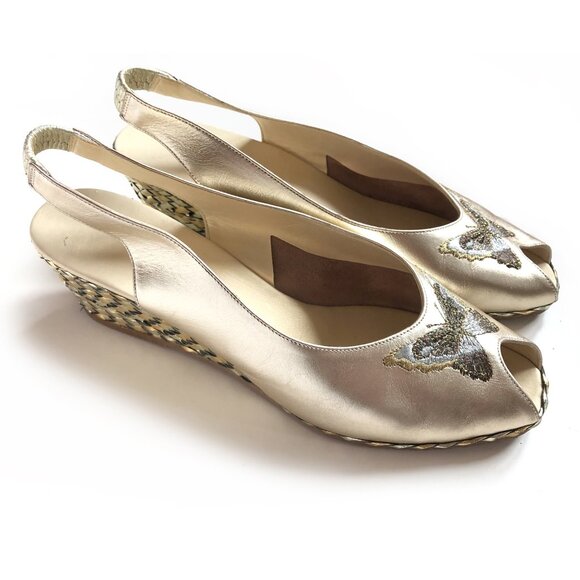 VTG 80s 90s Italian Gold Leather Butterfly Embroidered Wedge Shoes Size 38 - 7.5 - Picture 3 of 7